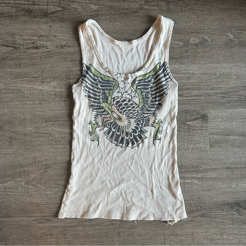 Vintage Rhinestone Eagle Distressed Tank Top Y2K Ed Hardy Tattoo Top Stars